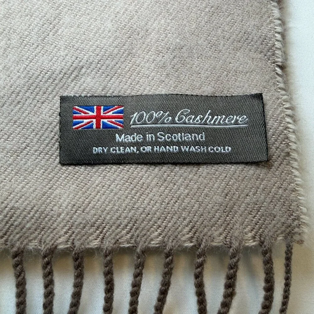 100% Cashmere Wool Tan Brown Plaid Fringe Scarf Muffler